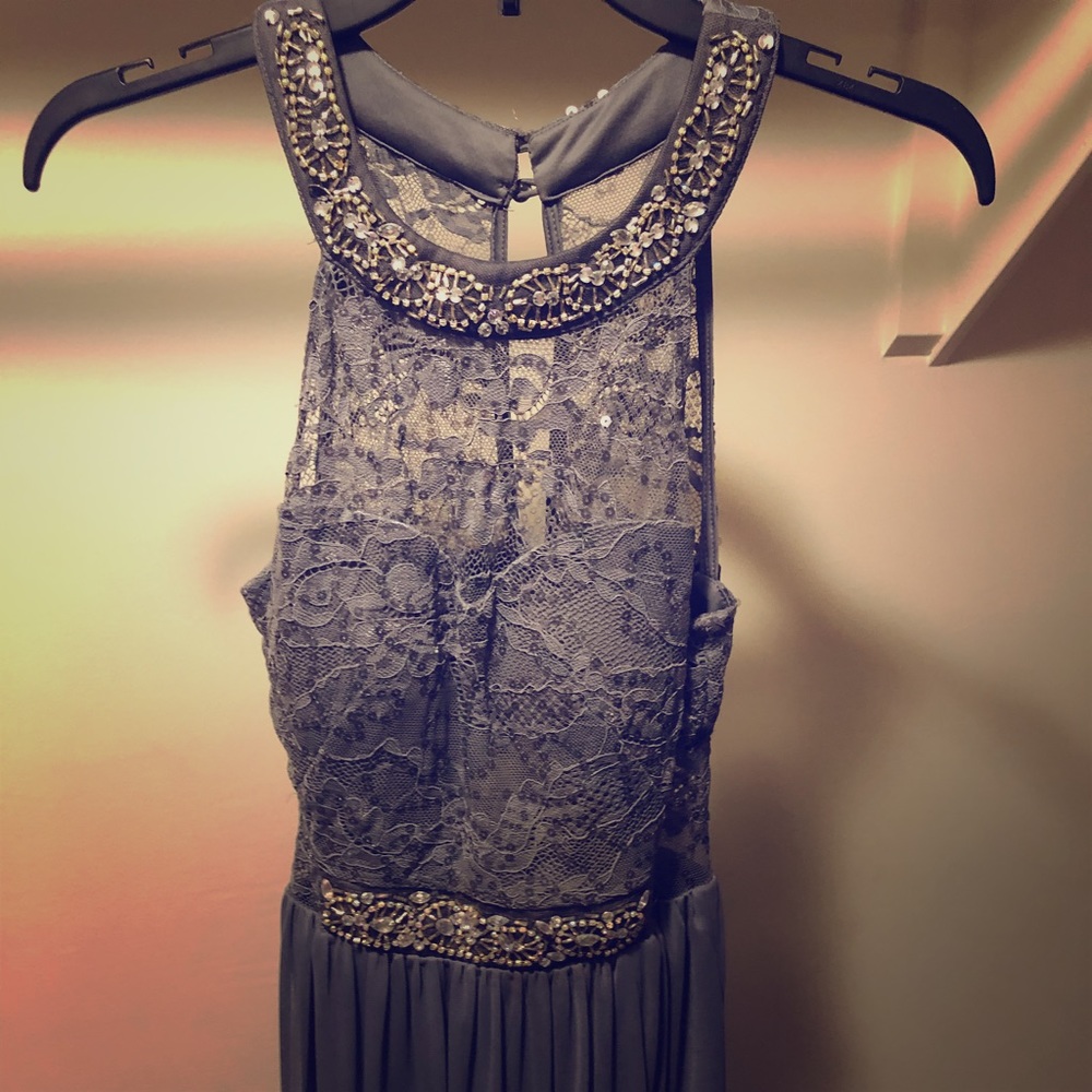 Gray See-Through Floor-Length Prom Dress